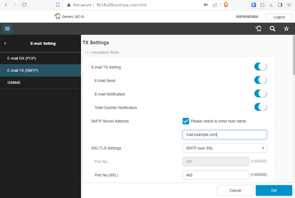Konica Minolta GUI showing email settings