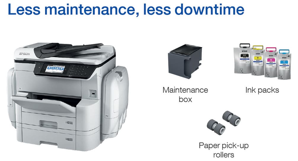 Less Maintenance equals less downtime on the new Epson Printer